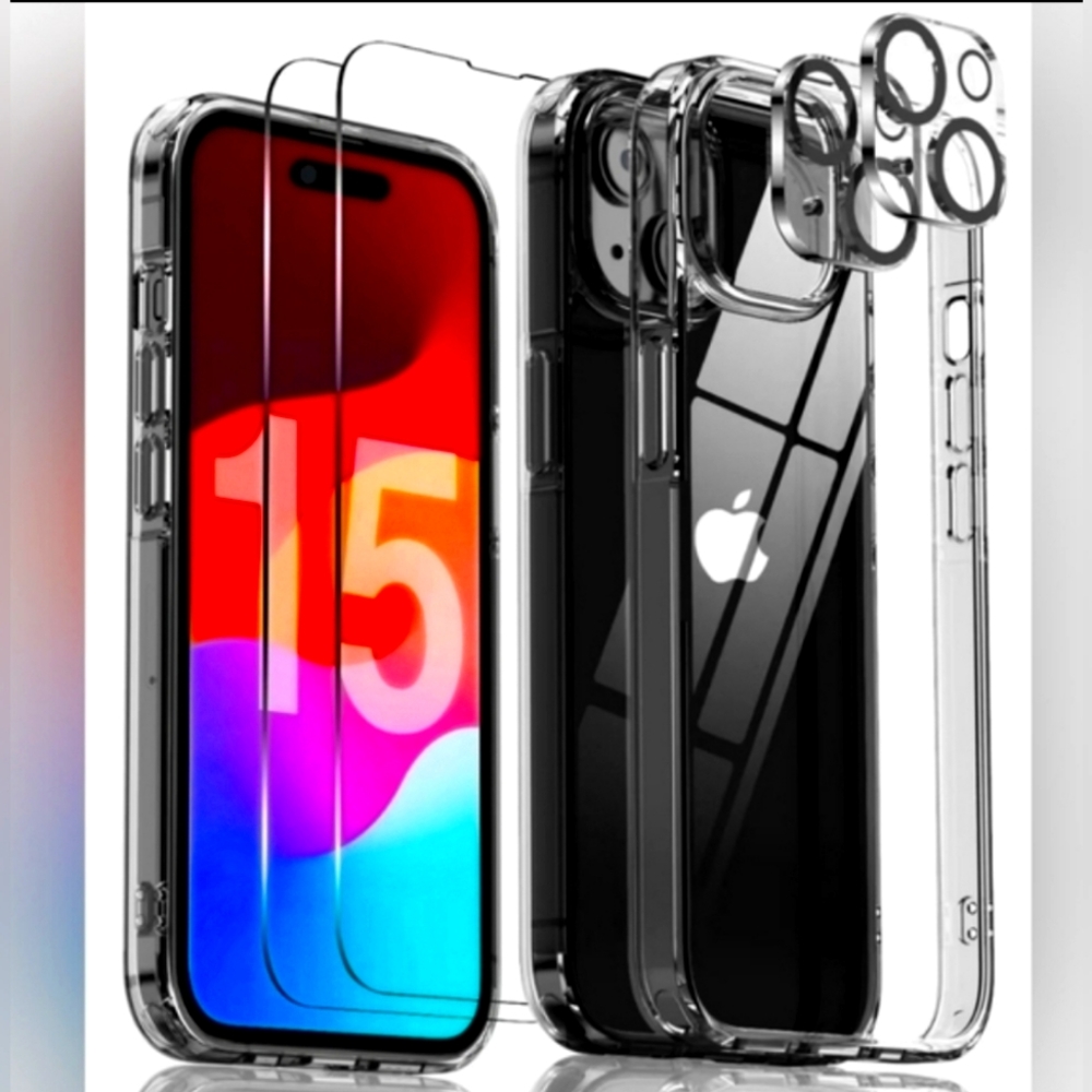 5 in 1 for iPhone 15 Case, with 2 Tempered Glass Screen Protector + 2 Lens Cover